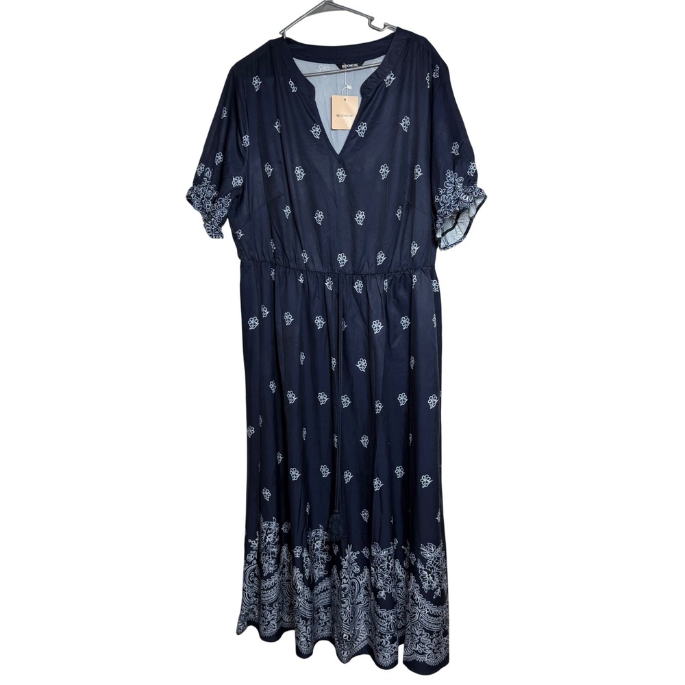 BloomChic Navy Blue Floral Paisley V-Neck Midi Dress Plus Size 18-20 NEW